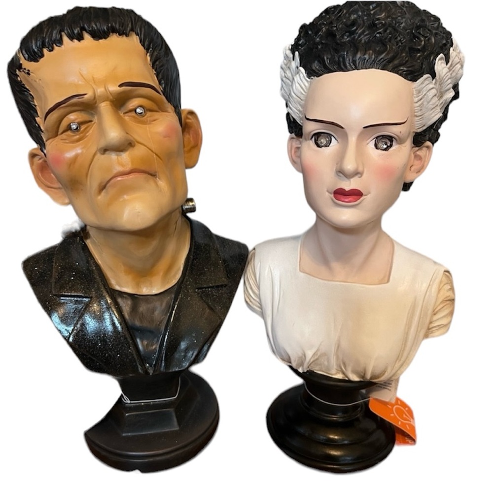 Halloween Frankenstein and his bride bust statues with LED light up eyes
